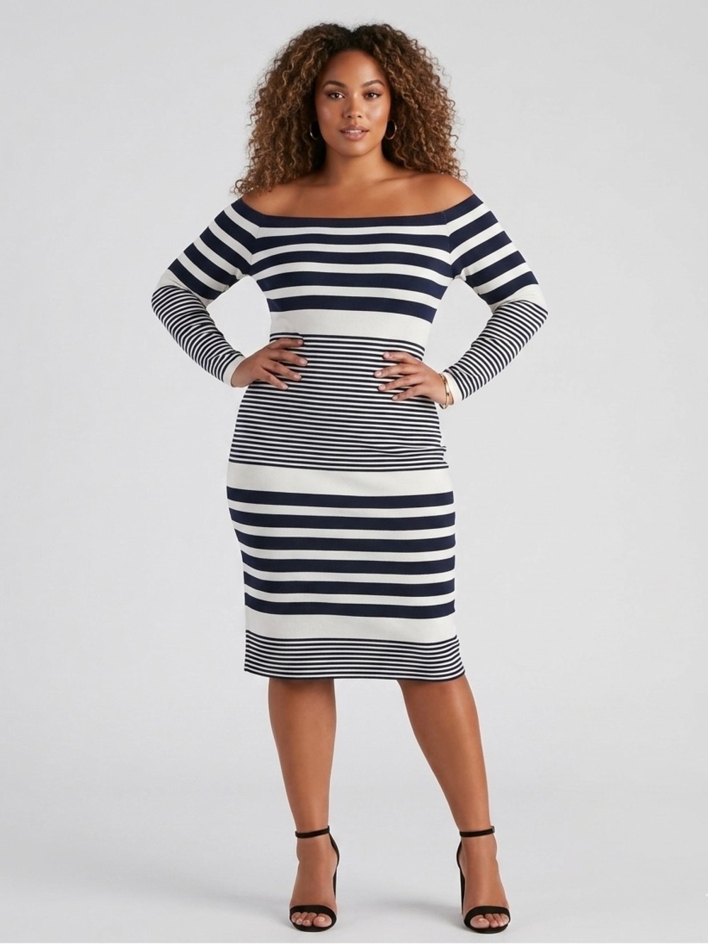 Eliza J Off the Shoulder Midi Dress 18 Long Sleeve Bodycon Black White Stripes